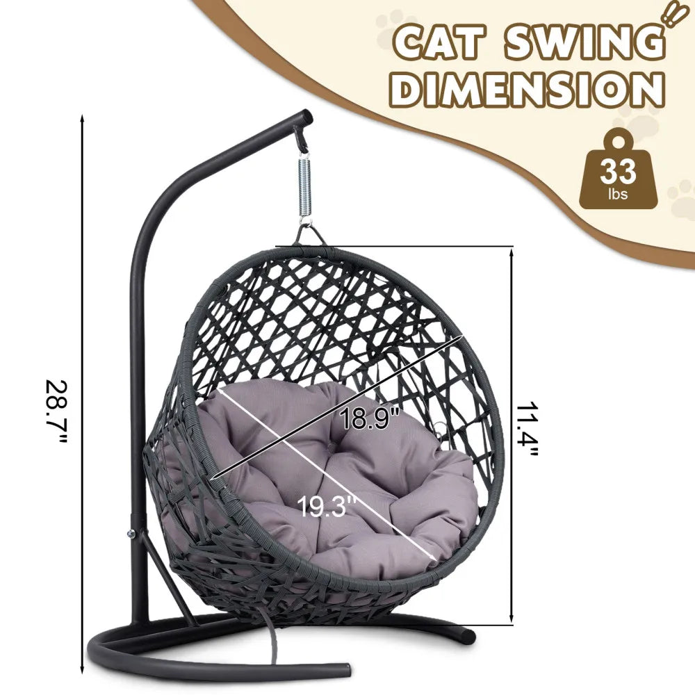 Cat Swing Bed with Stand – Indoor Hanging Egg Chair with Cushion, Rattan Wicker Style Swinging Pet Bed for Cats & Small Dogs