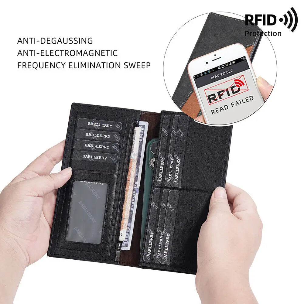 Fashion Long Purse Frosted Splicing Wallet PU Leather Business Men's Long Wallet Multifunction Large Cash Purse Bag Male