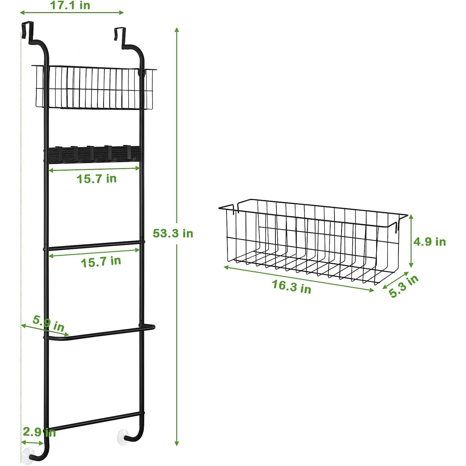 5-Tier Over-The-Door Towel & Accessory Rack with Hooks & Basket – Matte Black Metal