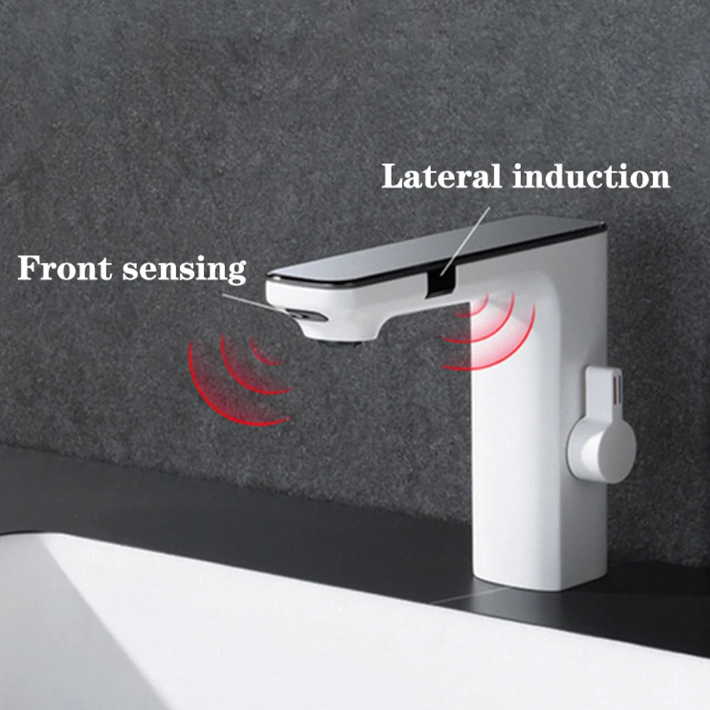 Premium Smart Touchless Dual-Sensor Bathroom Faucet with Hot/Cold Mixer – White Deck-Mount Basin Tap