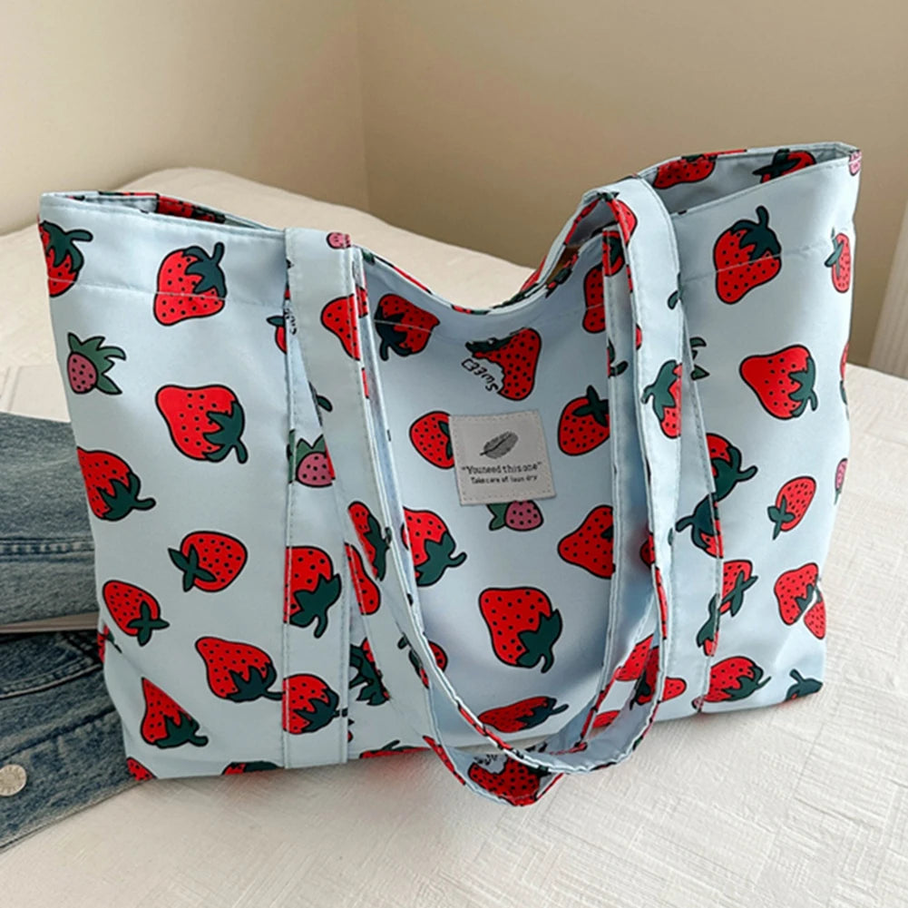 Cherry & Strawberry Print Large Capacity Canvas Tote – Nylon Top-Handle Shoulder Bag