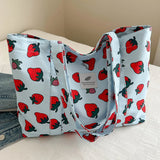 Cherry & Strawberry Print Large Capacity Canvas Tote – Nylon Top-Handle Shoulder Bag