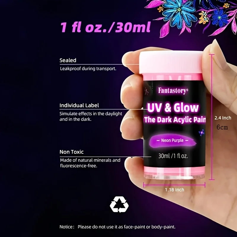 Fantastory Glow-in-the-Dark Acrylic Paint Set (10 Colors, 30ml) – Waterproof Luminous Paint for Crafts & Art