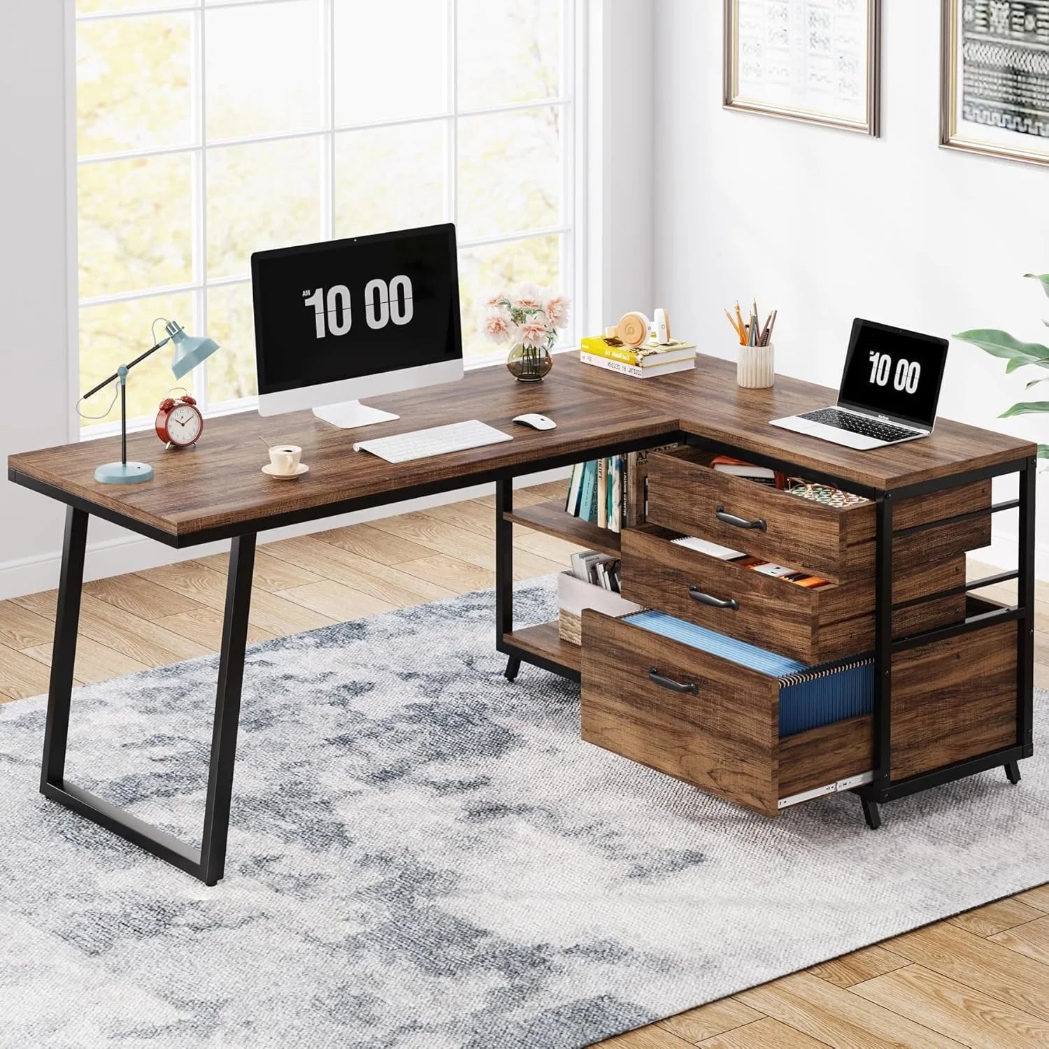 🖥️ 53" L-Shaped Computer Desk – Industrial Home Office Desk with 3 Drawers & Shelves, Rustic Brown Small-Space PC Table
