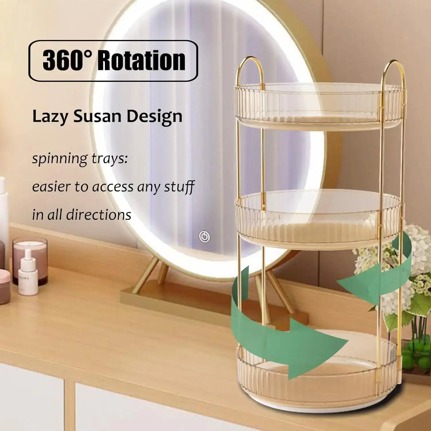 “3-Tier Rotating Makeup Organizer – High-Capacity Clear Skincare & Cosmetic Storage for Vanity and Countertops”