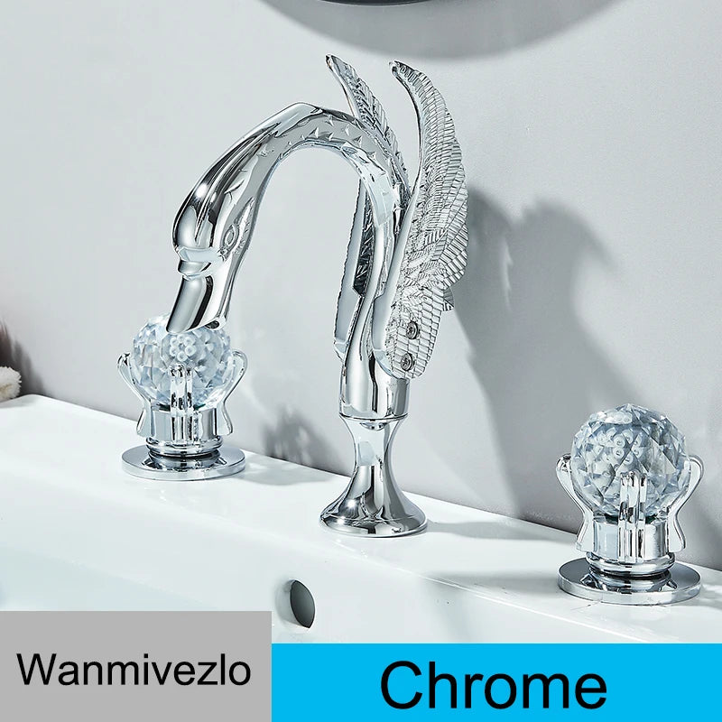 Wanmivezlo Gold Swan Basin Faucet – Luxury Deck-Mounted Dual Crystal Handle Hot & Cold Mixer