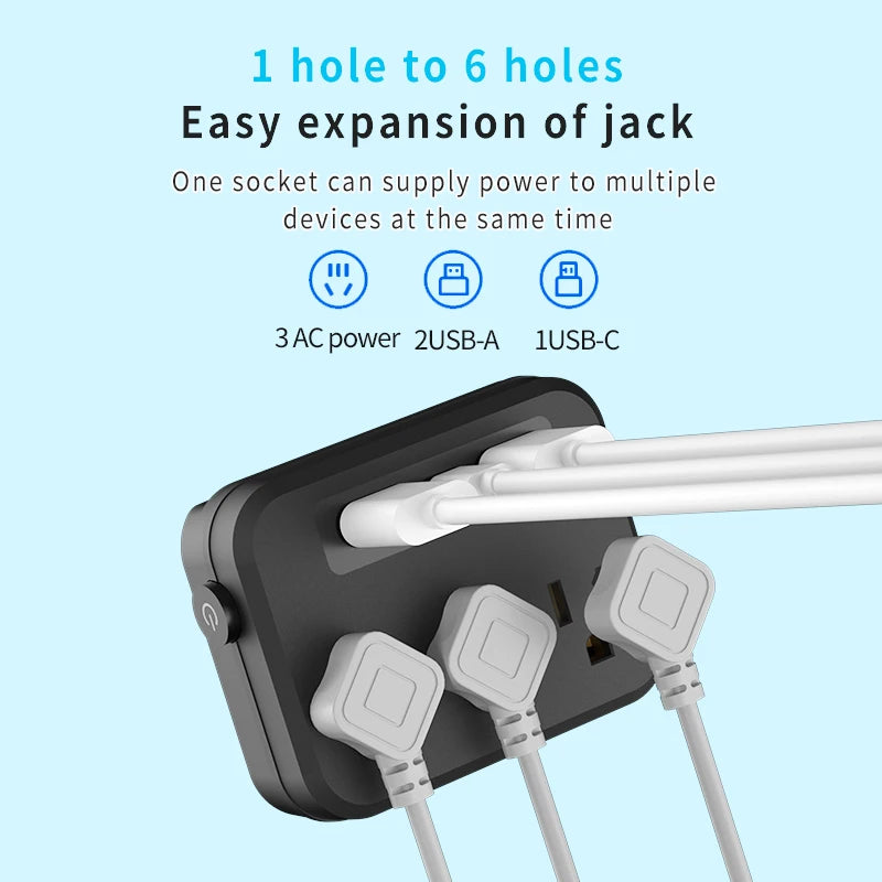 6-in-1 Functional Power Socket – 3 AC Outputs, 2 USB Ports & 1 Type-C with Power Switch Button for Home, Office & Travel Use