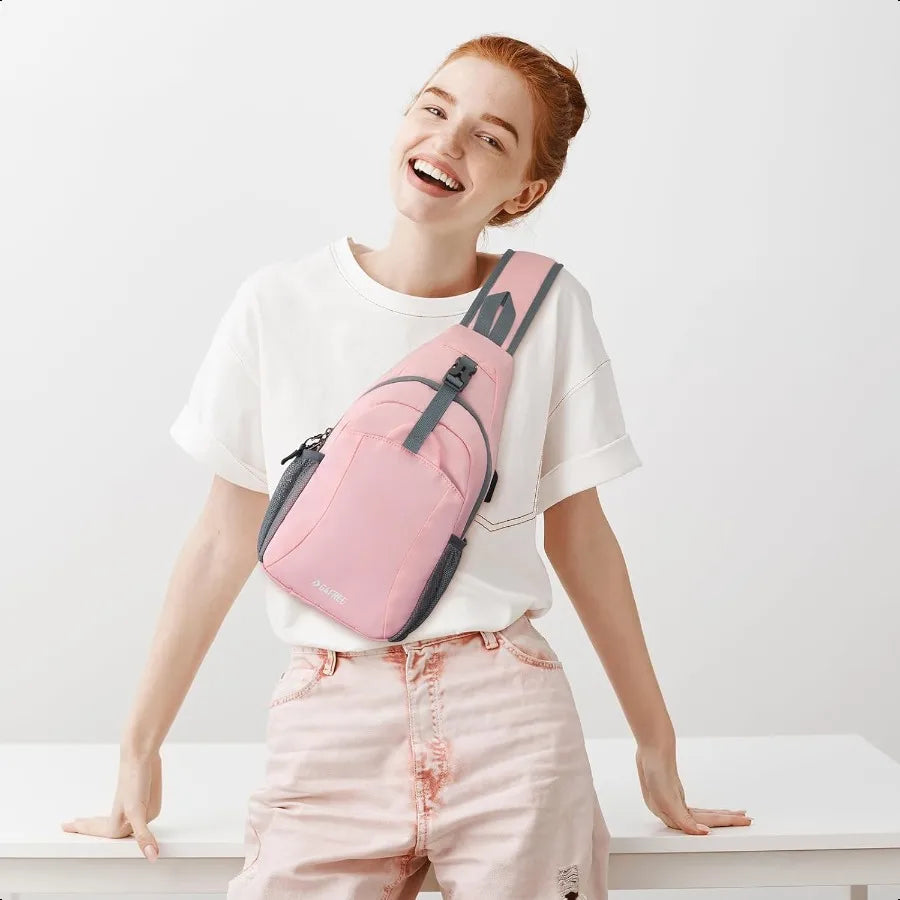 RFID-Protected Sling Bag – USB Charging Crossbody Backpack for Travel & Hiking | Lightweight Chest Daypack for Women & Men (Pink)