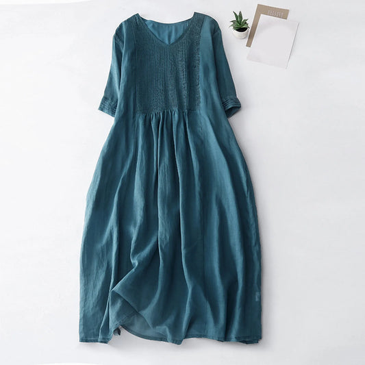 Women’s Solid Cotton Linen Maxi Dress – A-Line V-Neck Pleated Summer Sundress with Pockets & Short Sleeves