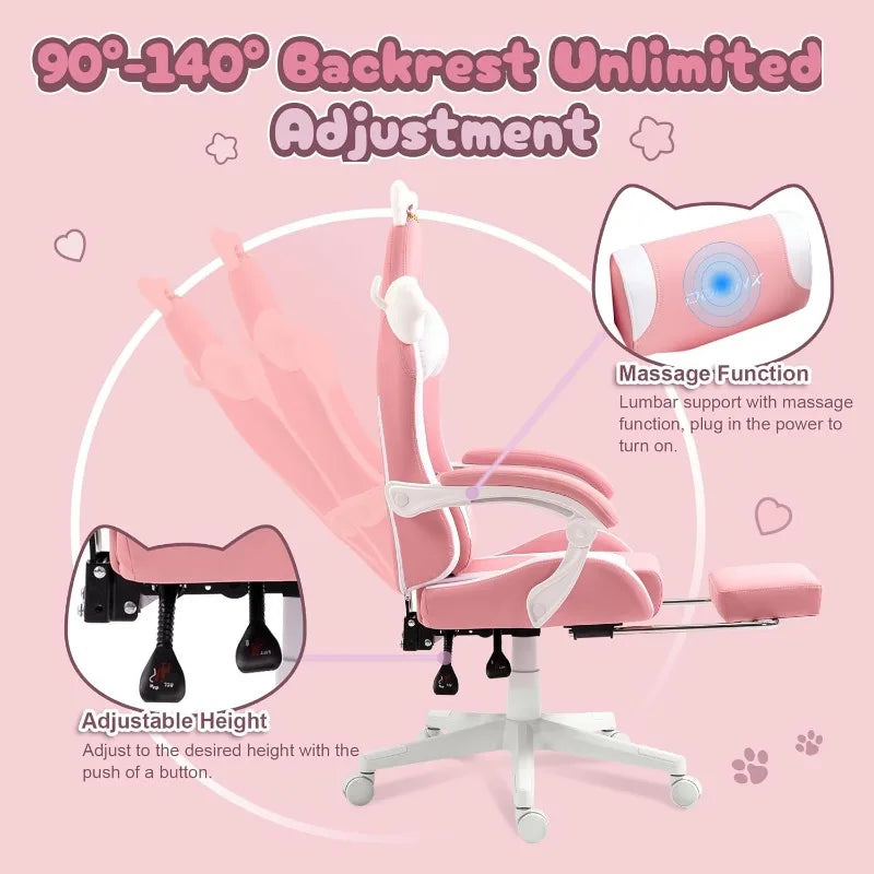 Dowinx Gaming Chair with Cat Ears – Cute Pink Ergonomic Computer Chair with Massage Lumbar Pillow, Headrest & Adjustable Armrests