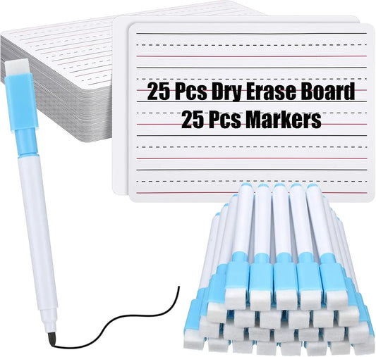 Classroom Dry Erase Board Set – 25 Double-Sided Lined Whiteboards with Markers & Erasers (9" x 12")