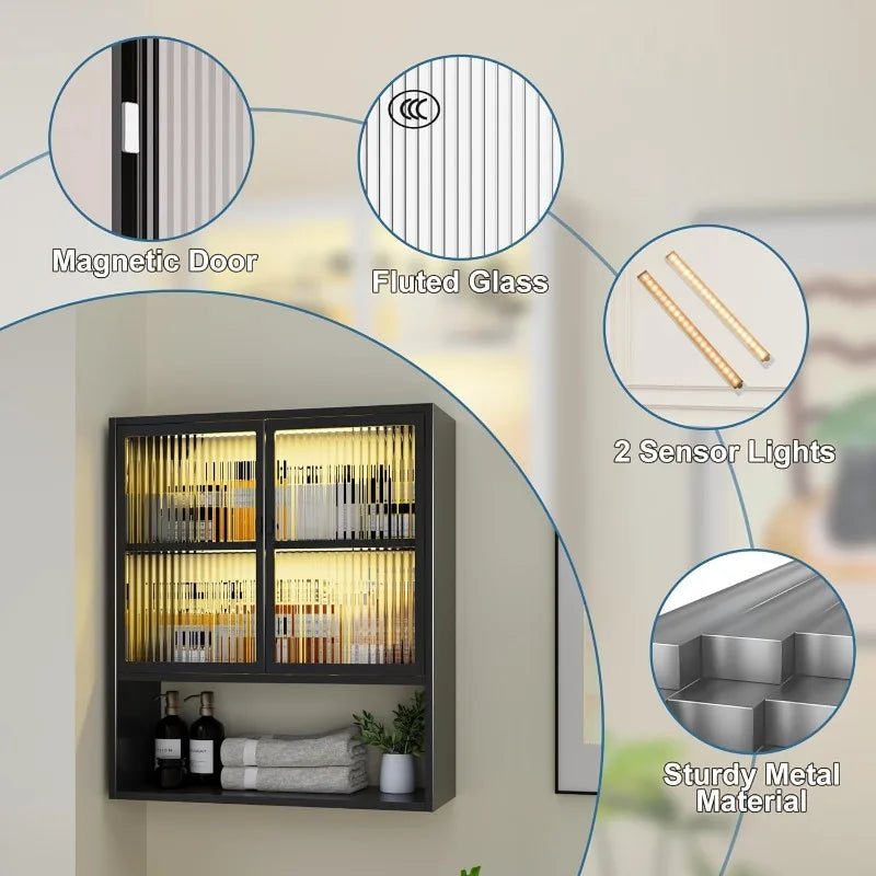 Metal Wall Cabinet with Glass Doors & LED Lights – Over-the-Toilet Space-Saving Medicine & Bathroom Storage