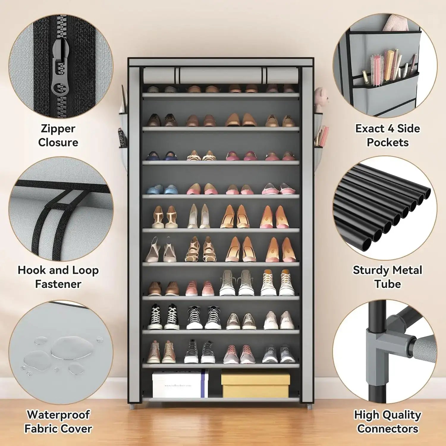 10-Tier Covered Shoe Rack – Large-Capacity Vertical Storage for 50–55 Pairs