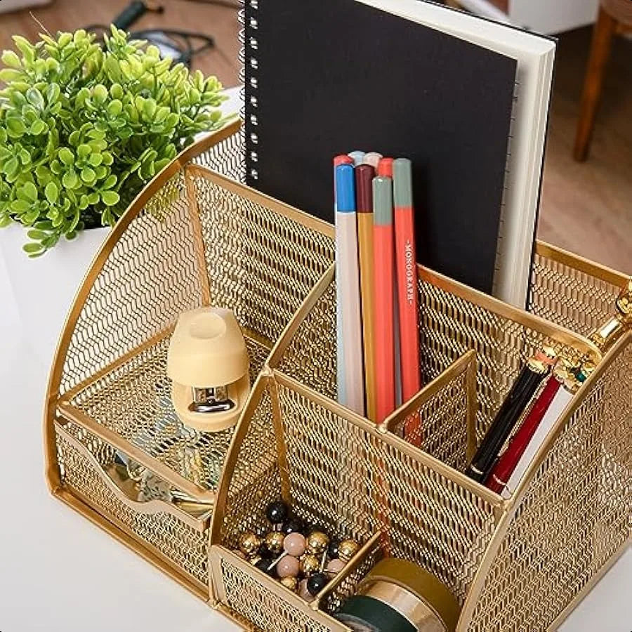 Gold Mesh Metal Desktop Organizer with Drawer – Small File & Office Accessory Holder