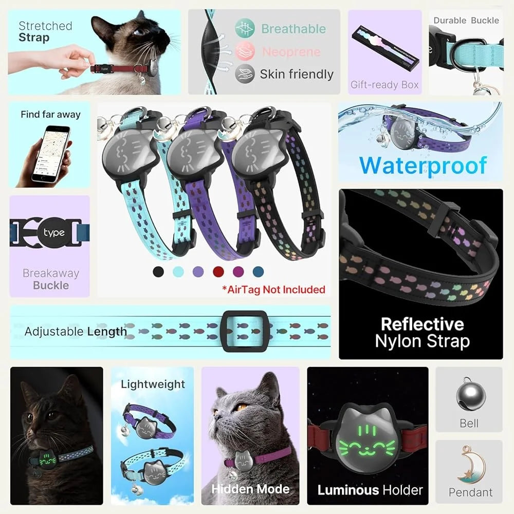 Waterproof Cat Collar with AirTag Holder – Reflective Fish Pattern, Lightweight Soft Breakaway GPS Tracker Collar for Kittens & Cats