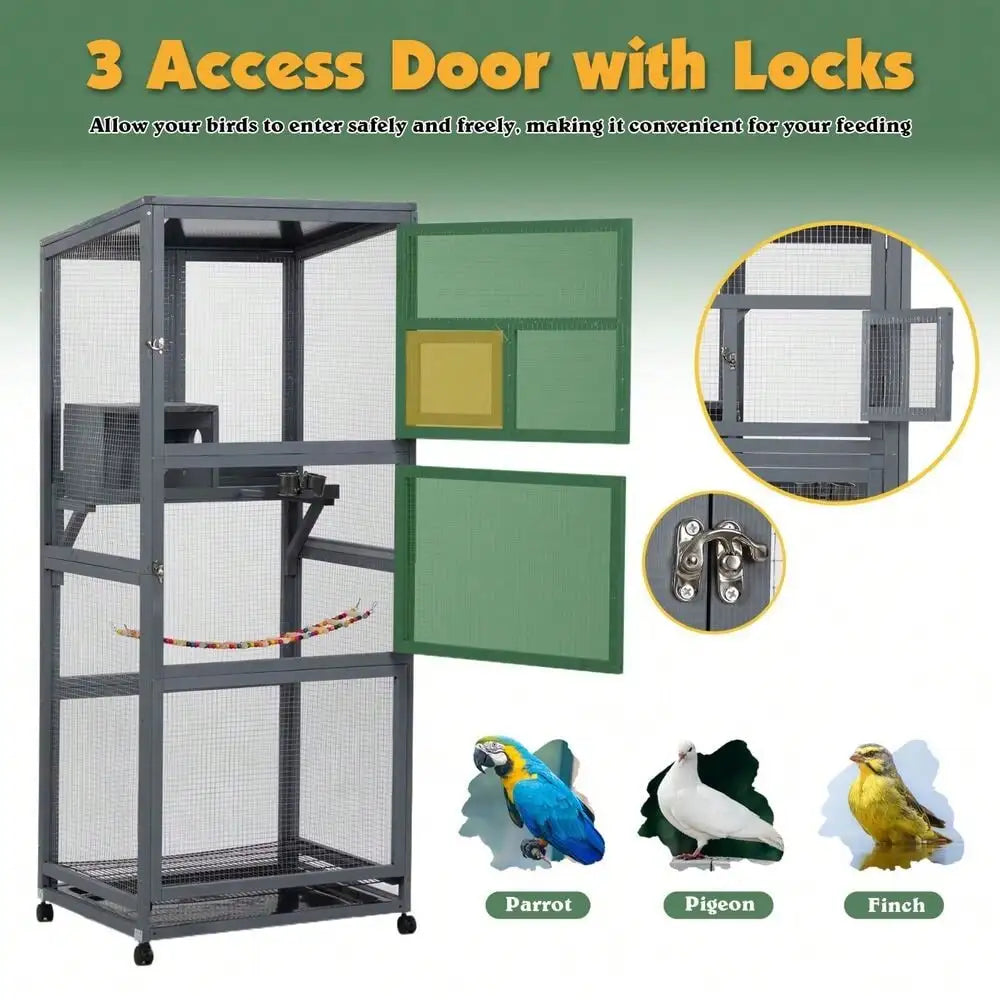 68" Large Wooden Bird Cage Aviary – Outdoor Bird House on Wheels with Pull-Out Tray for Easy Cleaning