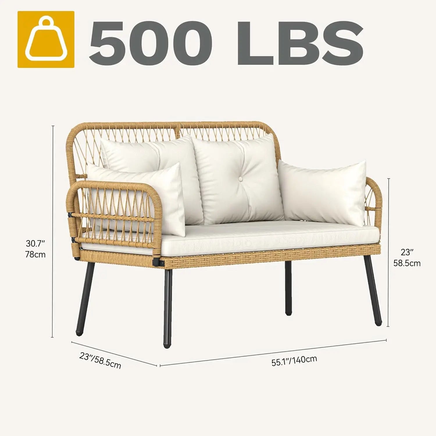 “Outdoor Loveseat Patio Wicker Furniture Set – Beige Cushioned 2-Seat Sofa with Adjustable Feet for Garden, Balcony & Porch”