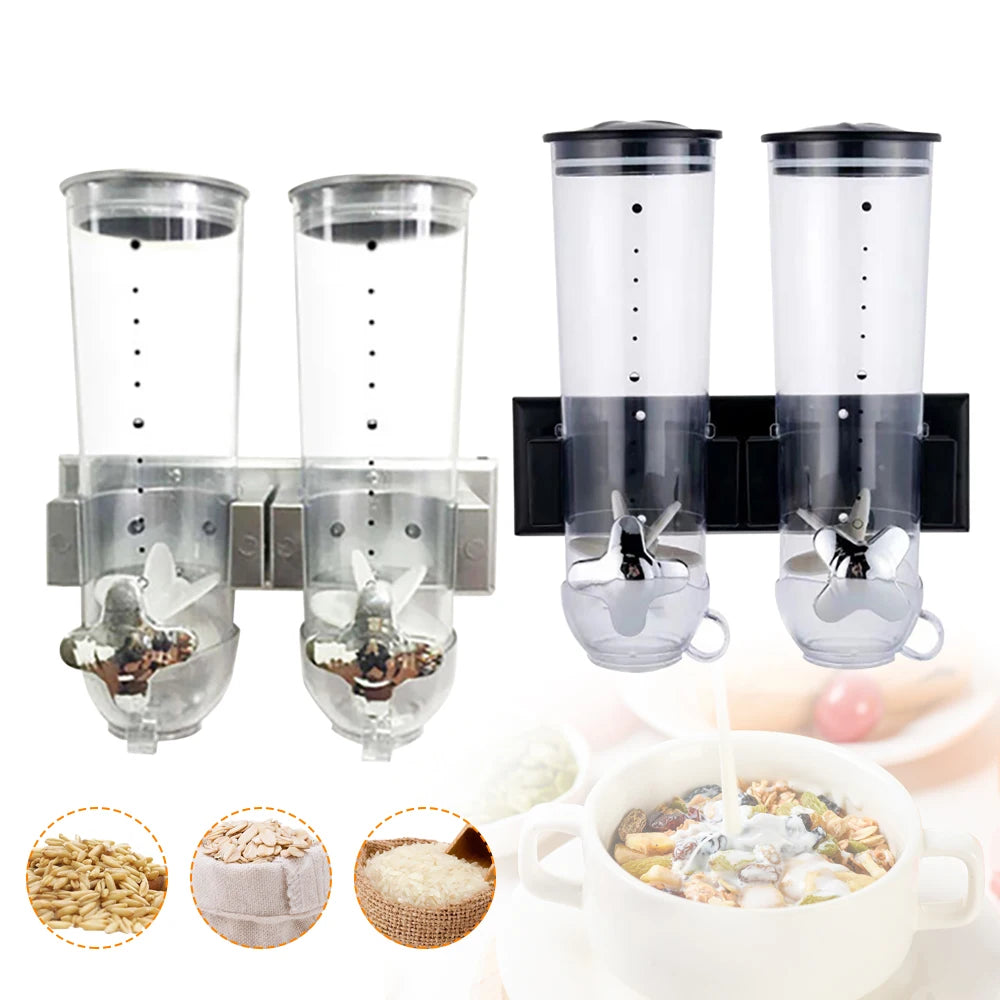 2-Pc Wall-Mount Dry Food Dispenser Set – Stainless Steel Cereal, Rice & Grain Containers (Silver & Black)