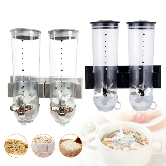 2-Pc Wall-Mount Dry Food Dispenser Set – Stainless Steel Cereal, Rice & Grain Containers (Silver & Black)