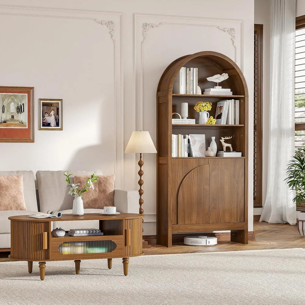 Mid-Century Arched Bookcase – 5-Tier Tall Display with Cabinet Doors, 71″ Architectural Library Storage