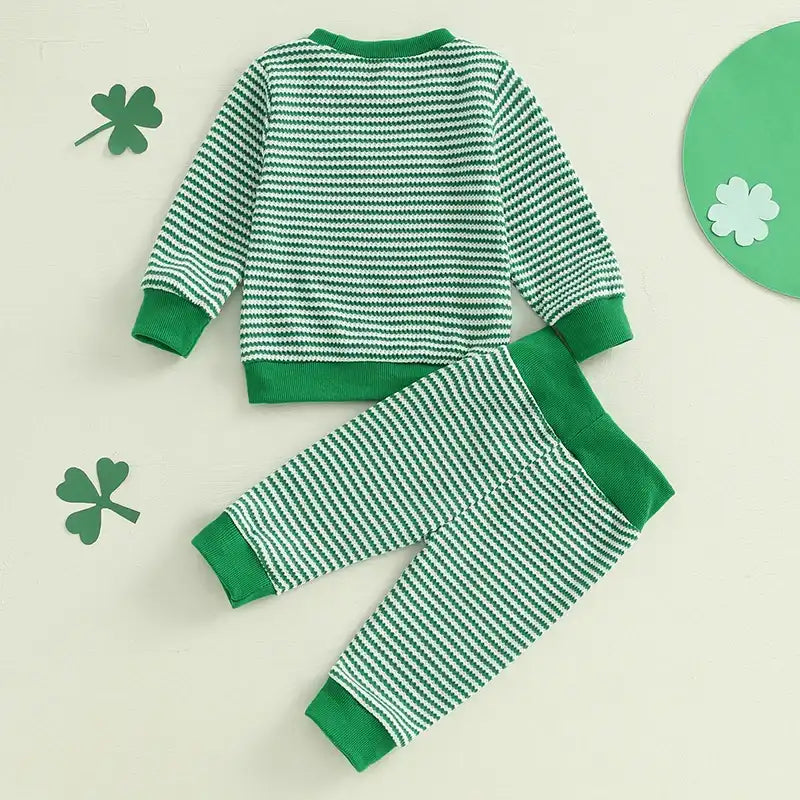 Toddler & Baby Boys Shamrock Embroidery Sweatshirt & Stripes Pants Set – Spring St. Patrick’s Day Outfit