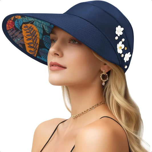 Women’s Wide Brim Sun Hat – UV Protection Beach Hat with Packable Ponytail Visor for Summer Travel