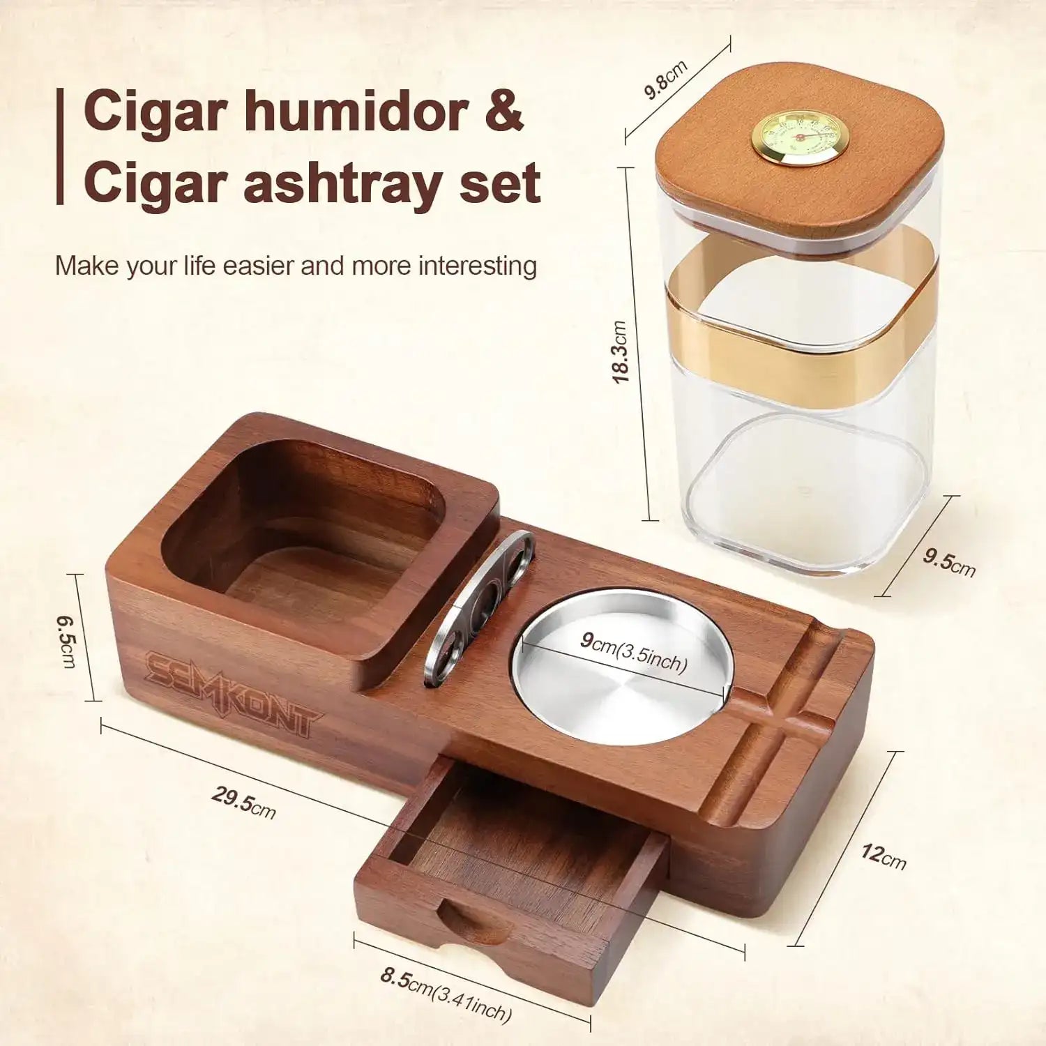 Wooden Cigar Humidor & Ashtray Set with Drawer, Cigar Jar, Cigar Cutter & Slot Organizer