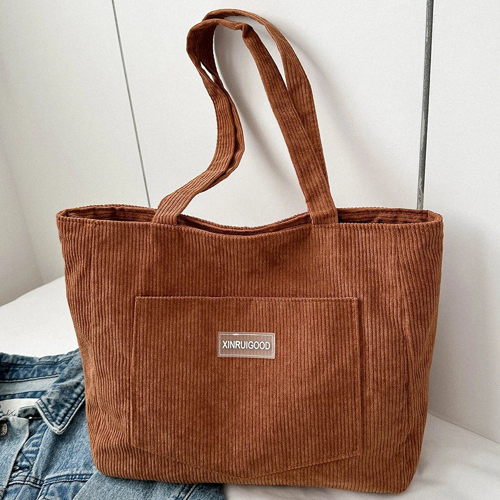 Women’s Corduroy Tote Bag with Pockets – Large-Capacity Shoulder Handbag for School, Work & Shopping
