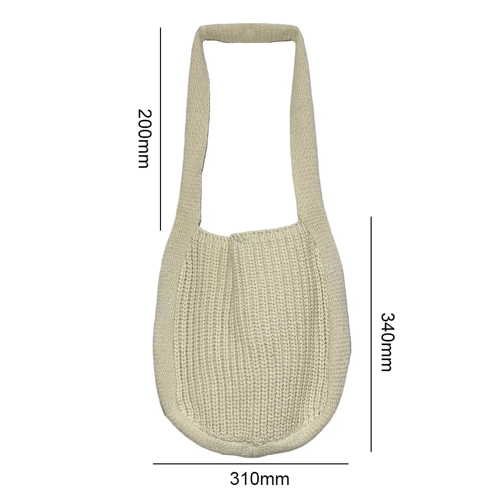 Wool-Knitted Shoulder Shopping Bag for Women – Vintage Cotton Cloth Tote, Large Crochet-Style Shopper Handbag