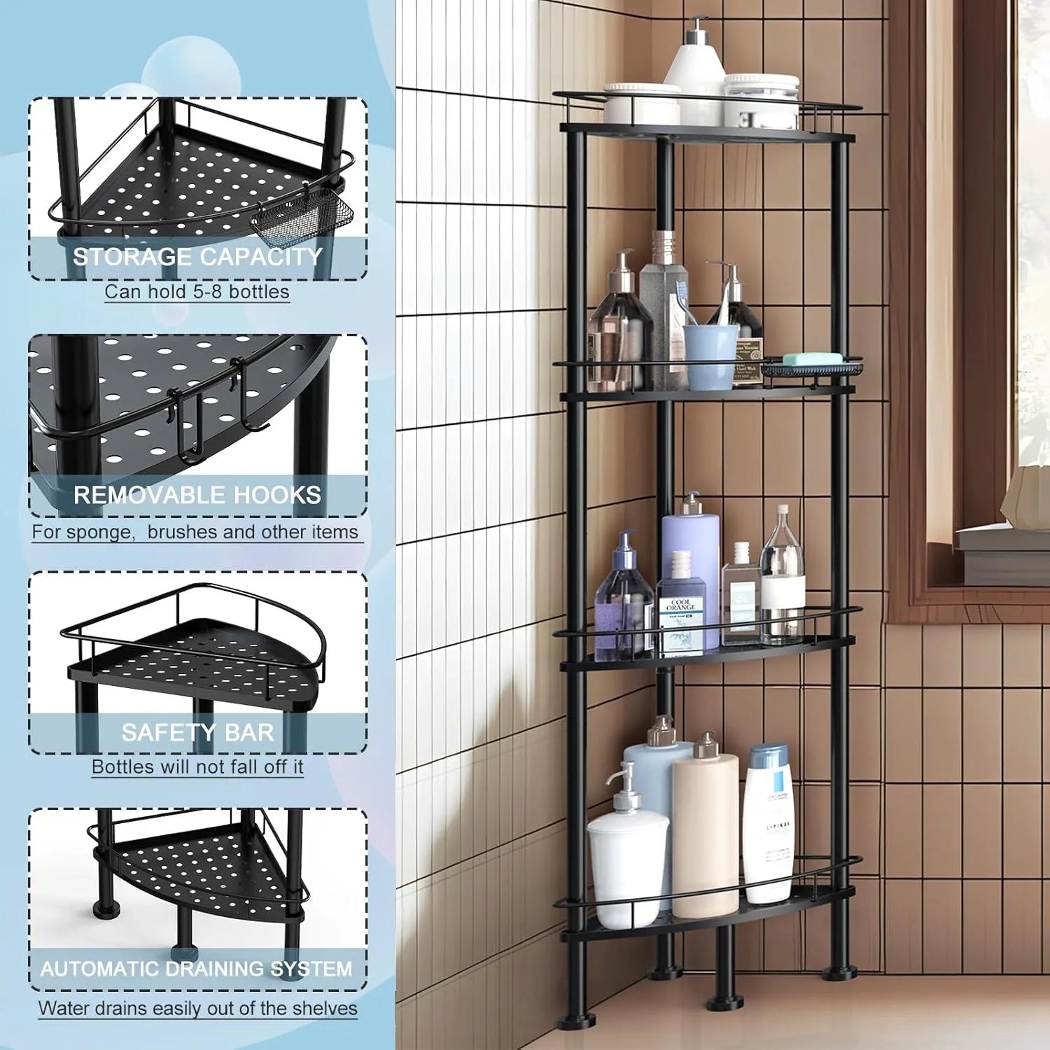 4-Tier Corner Shower Caddy Organizer – Rust-Resistant Metal Bathroom Shelf with Soap Holder & 4 Hooks