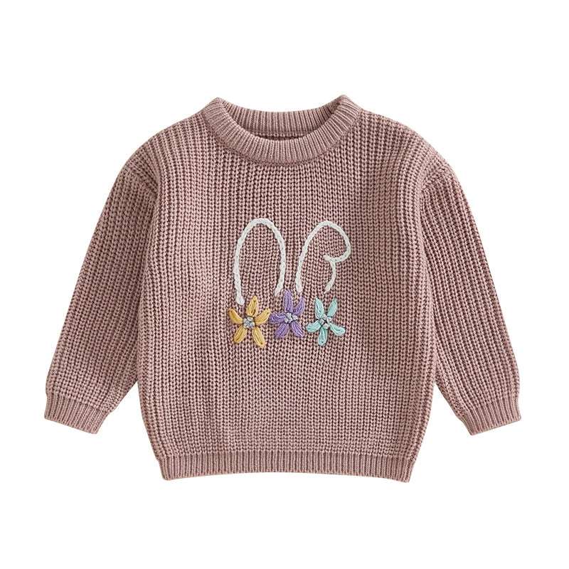 Toddler Kids Bunny Embroidered Long-Sleeve Knit Sweater – Easter Casual Jumper for Girls & Boys