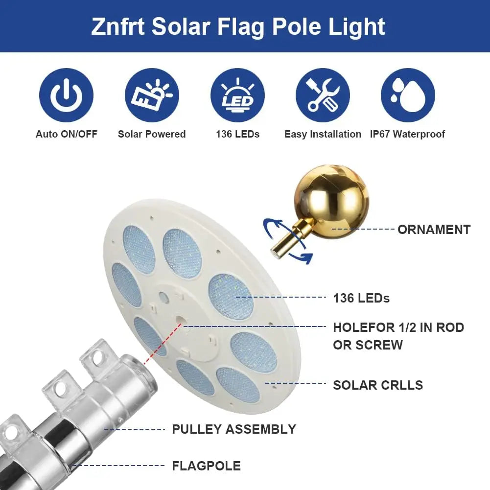 Solar Flag Pole Light (136 LEDs) – Outdoor Flagpole Lighting for 15–30ft Poles | Dusk-to-Dawn Auto On/Off | Energy-Saving Waterproof Design