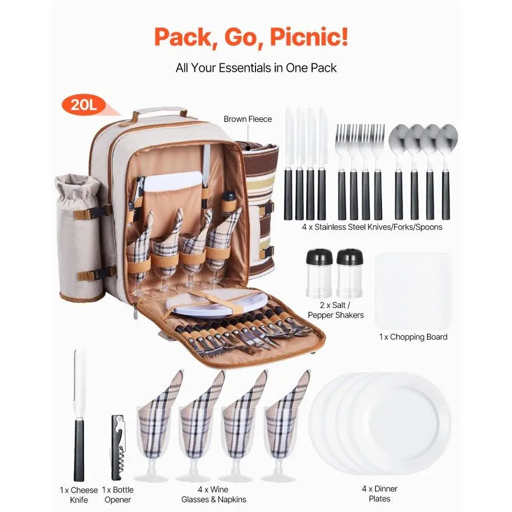 Picnic Backpack for Four — Insulated Cooler Compartment & Blanket Set for Beach and Outdoor Adventures
