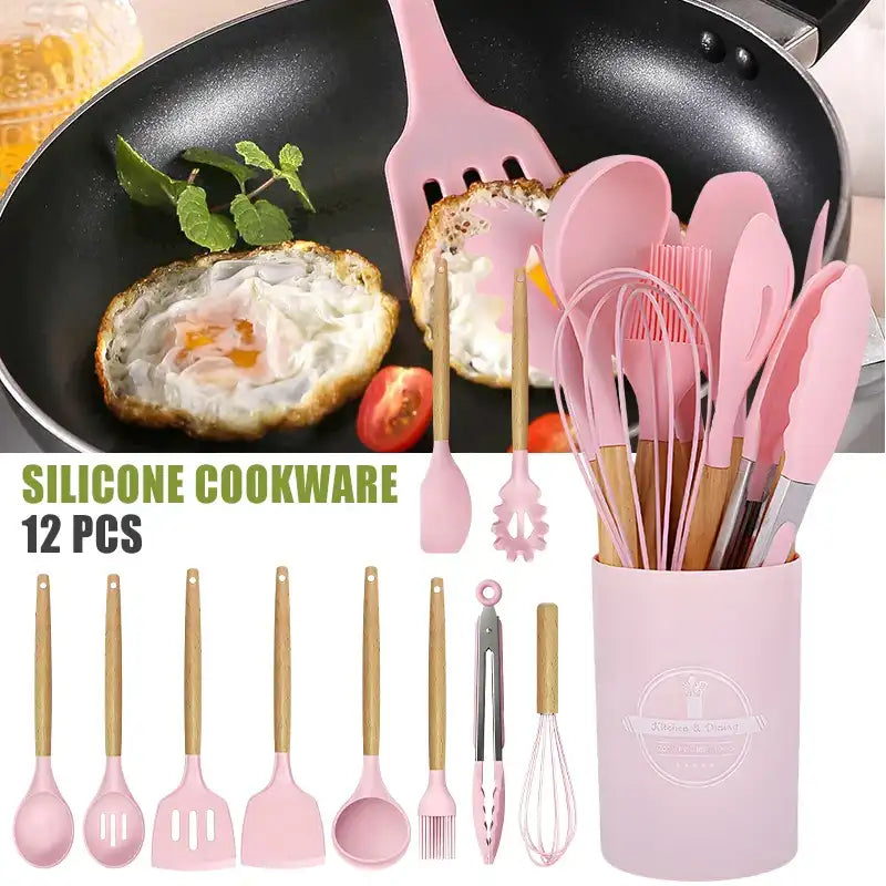 12-Pc Silicone Kitchenware Cooking Utensils Set – Non-Stick Spatulas, Egg Beaters & Storage Bucket