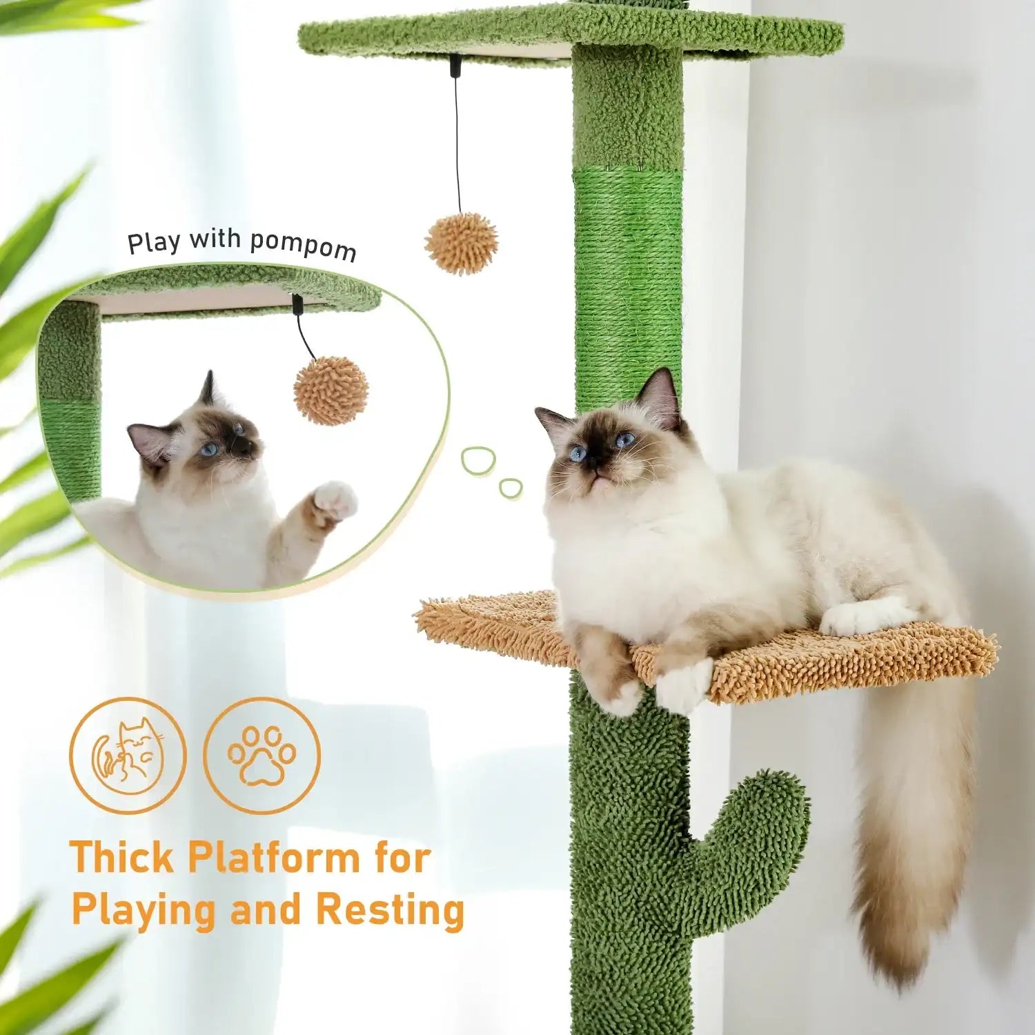 5-Tier Floor-to-Ceiling Cat Tree Tower – Tall Cactus Design with Scratching Posts, Hammock & Play Ball for Indoor Cats”