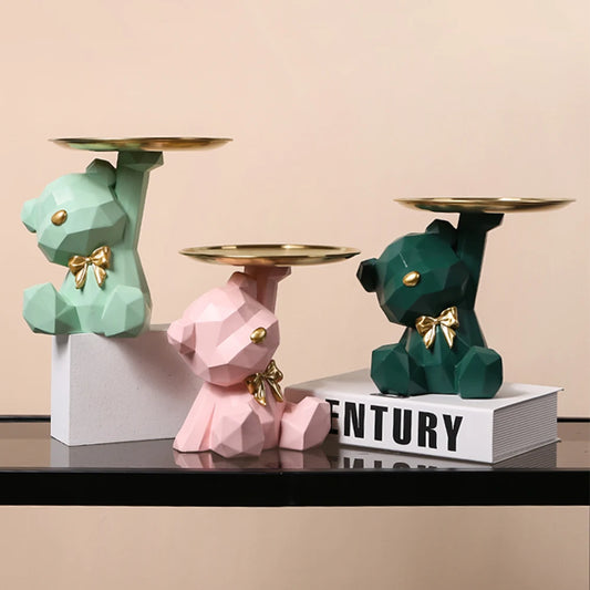 Geometric Bear Resin Sculpture with Tray – Modern Storage Figurine & Key Holder for Home, Entryway & Office Décor