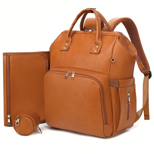 Leather Diaper Bag Backpack with Changing Pad & Pacifier Case – Large Multifunction Waterproof Mommy Travel Tote