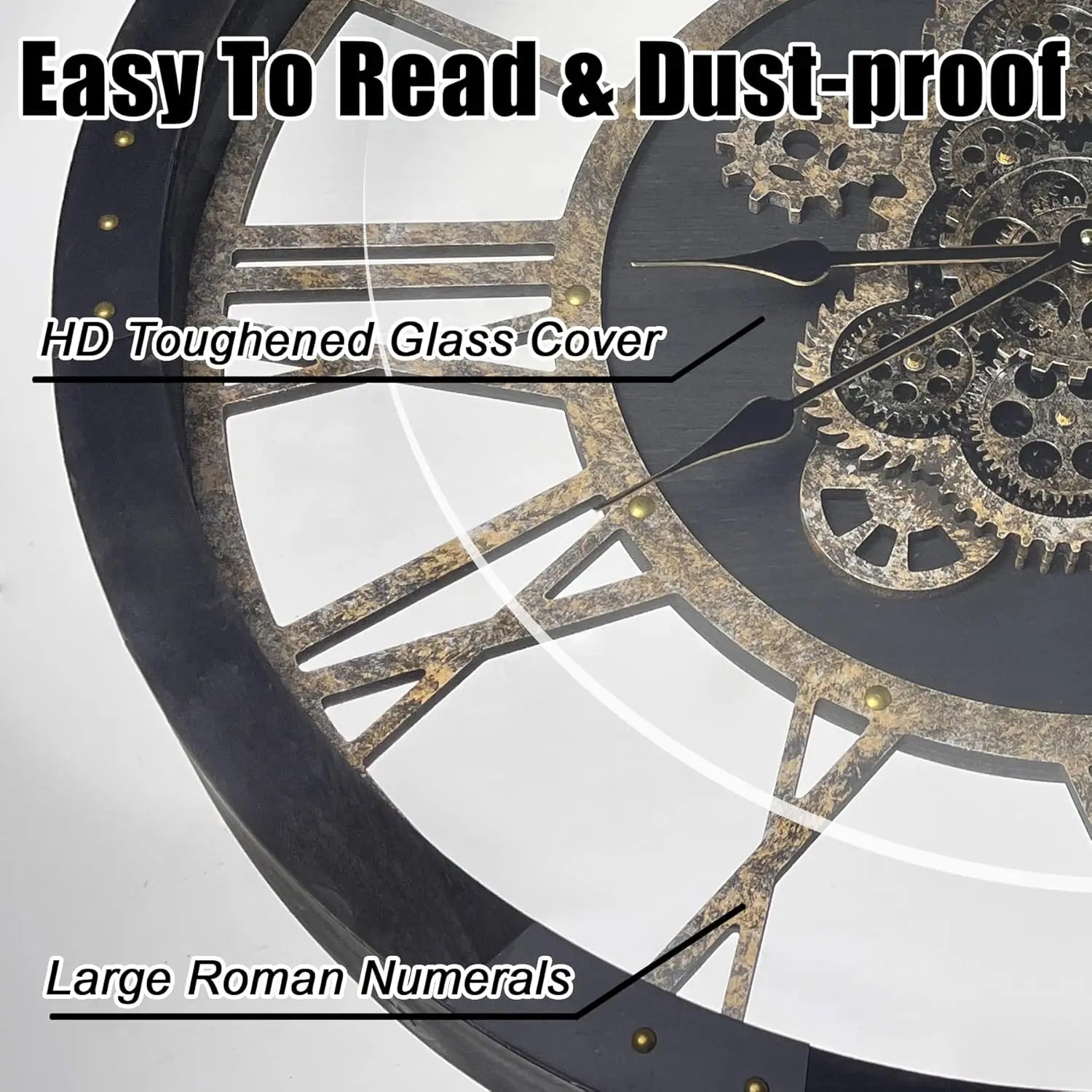 27-Inch Large Wall Clock with Real Moving Gears – Oversized Solid Wood Retro Farmhouse Clock with Toughened Glass Cover