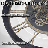 27-Inch Large Wall Clock with Real Moving Gears – Oversized Solid Wood Retro Farmhouse Clock with Toughened Glass Cover