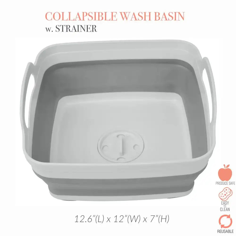 “Self-Draining Collapsible Plastic Wash Basin with Strainer – Foldable Gray Laundry & Camping Basin”