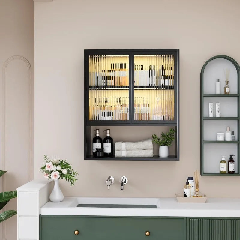 Metal Wall Cabinet with Glass Doors & LED Lights – Over-the-Toilet Space-Saving Medicine & Bathroom Storage