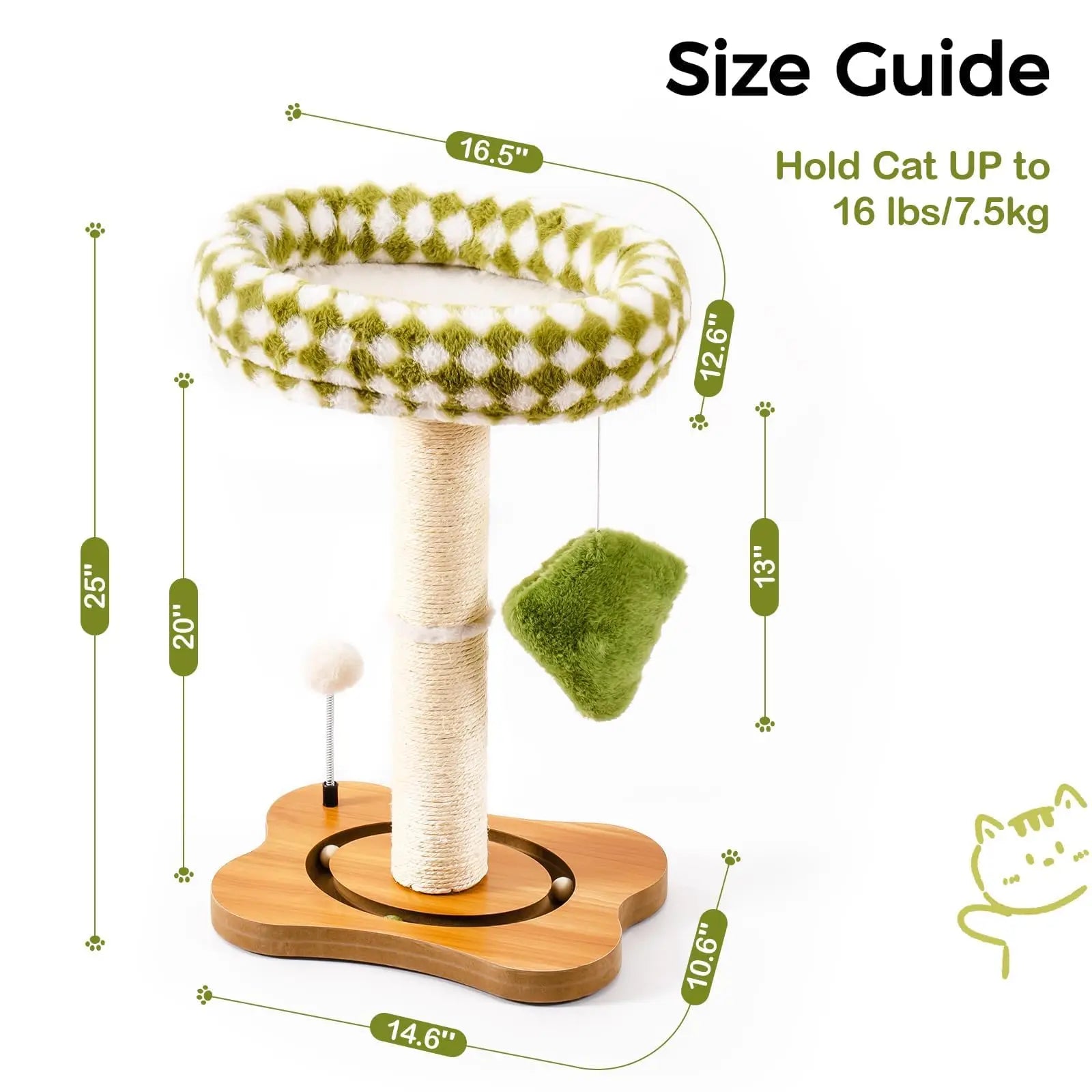 Mewoo Cat Scratching Post Bed – Small Cat Tower with Sisal Scratcher, Ball Track & Toys, Green & Brown Medium Size