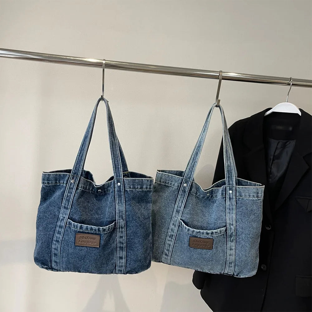 Women’s Large Denim Shoulder Bag – Trendy Tote Handbag with Spacious Capacity for Shopping & Daily Commute 👜💙