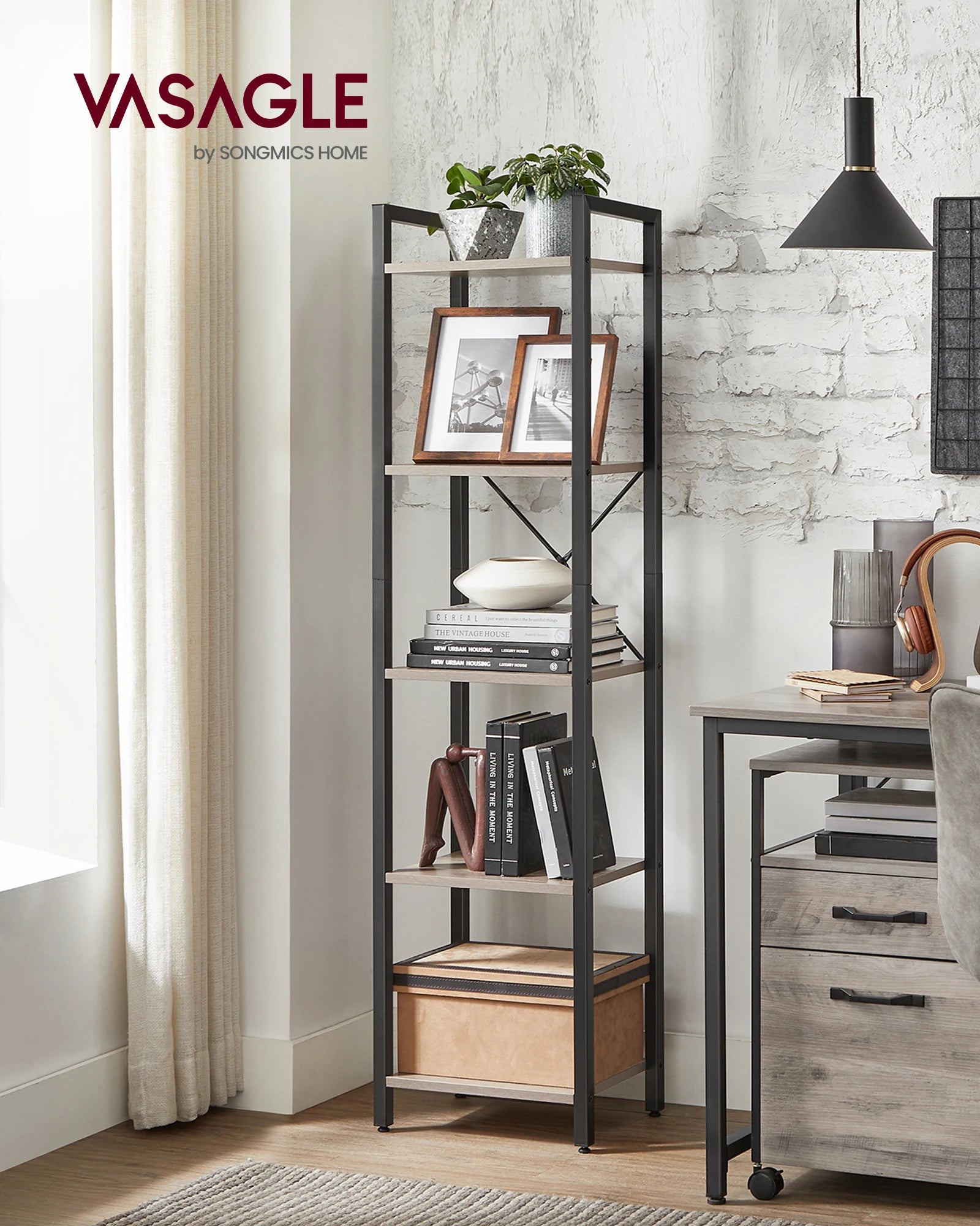 📚 VASAGLE 5-Tier Tall Bookshelf – Narrow Skinny Bookcase with Steel Frame for Living Room, Home Office & Study
