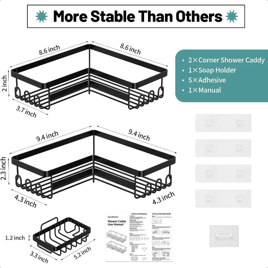 Corner Shower Caddy 3-Pack Adhesive – Stainless Steel Corner Shelf + Soap Holder & Hooks