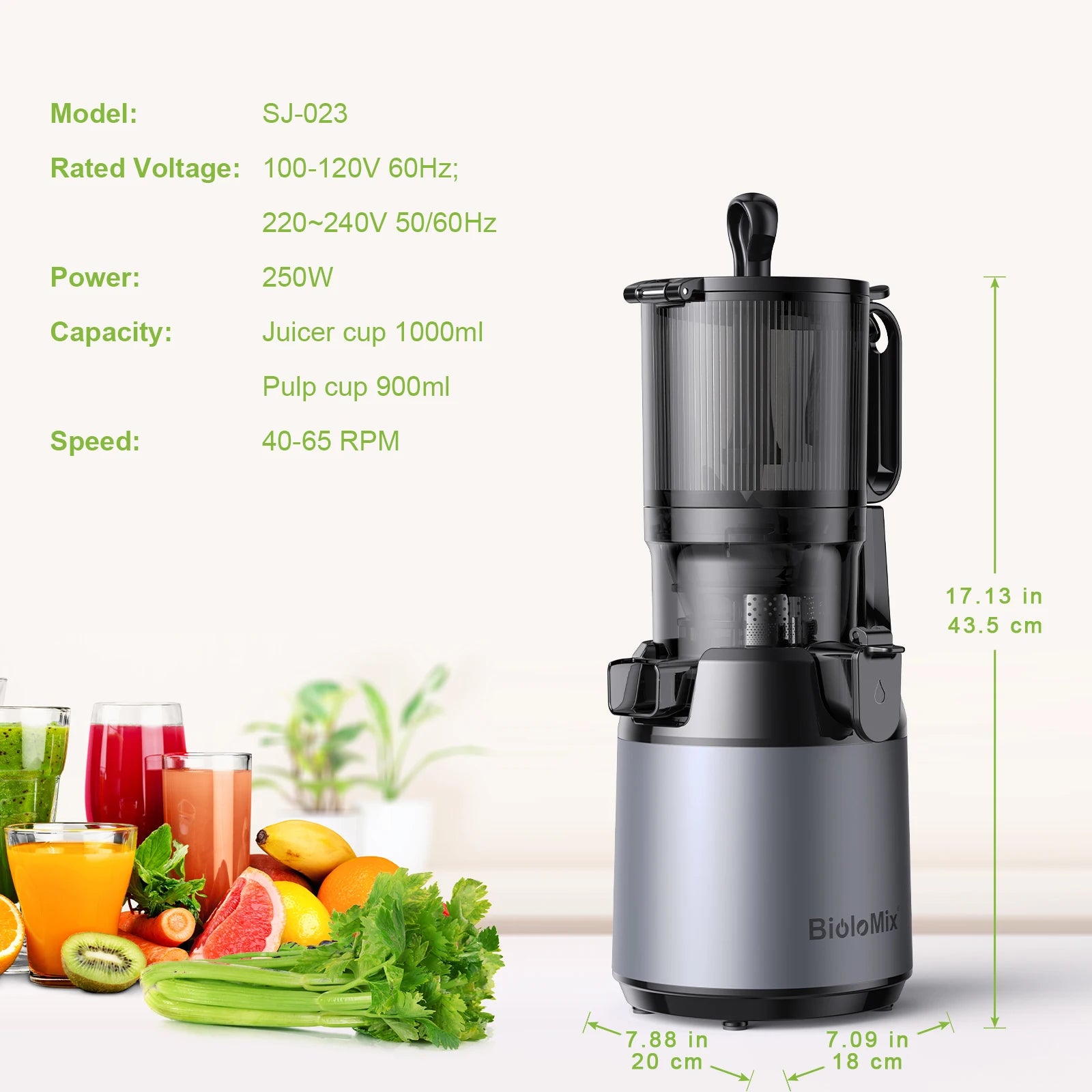 Biolomix Cold Press Juicer – 130mm Wide Feed Chute, Whole Fruit & Vegetable Slow Masticating Juicer, BPA-Free