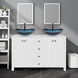 48" White Bathroom Vanity – Marble-Texture Top, 4 Drawers & Double Glass Vessel Sinks (Modern Standing Cabinet)