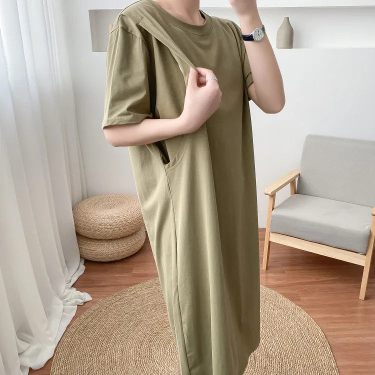 Women’s Cotton Maternity Dress – Pure Color Long Skirt with Nursing Access, Short Sleeve Pregnancy & Breastfeeding Clothes