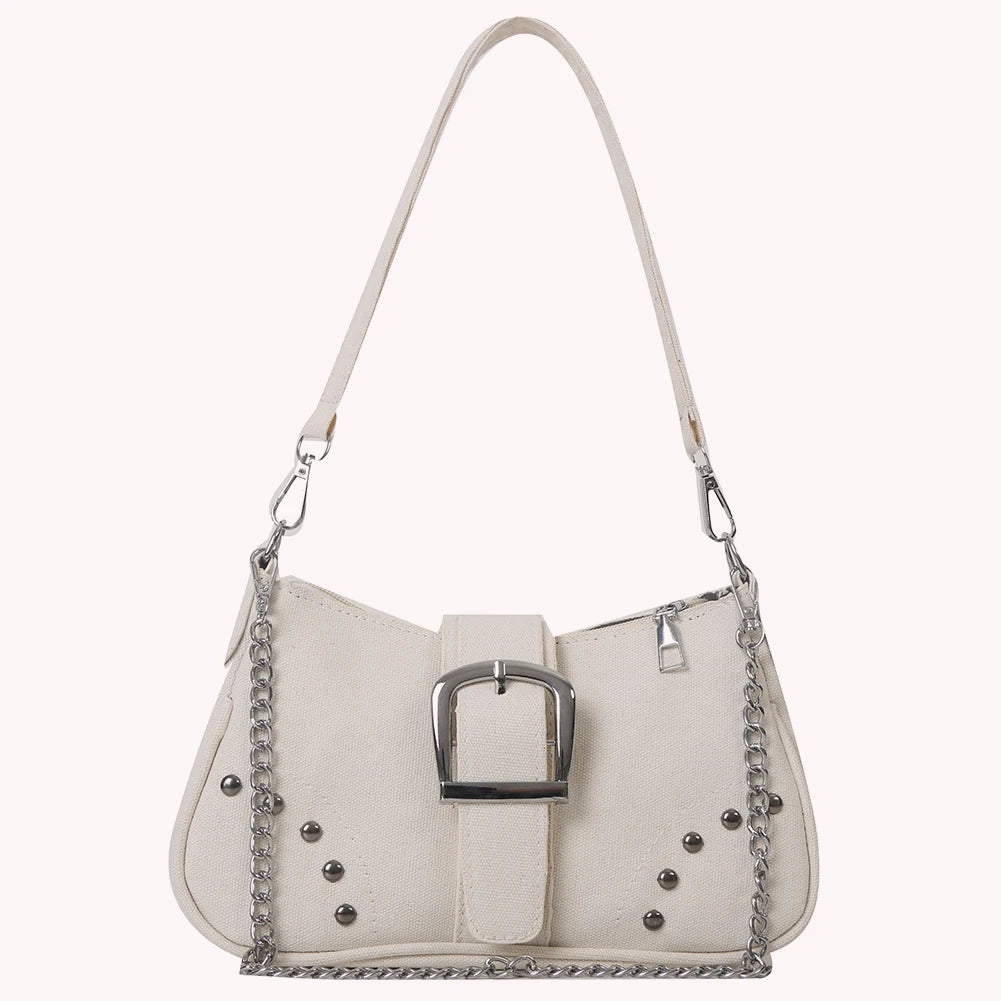 Women’s Vintage Rivet Y2K Under-Arm Canvas Satchel – Trendy Armpit Bag with Zipper Closure