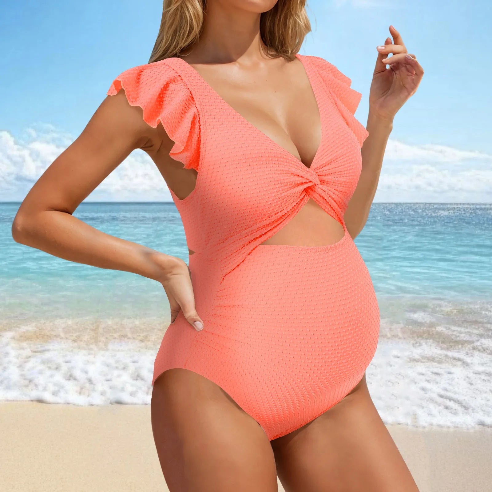 Women’s Maternity One-Piece Swimsuit – Solid Color Pregnancy Bathing Suit with Ruffled Edges, Comfortable Swimwear